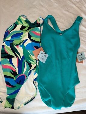 Shade & Shore Teal One-Piece and Multicolor Tropical Print Swimsuits